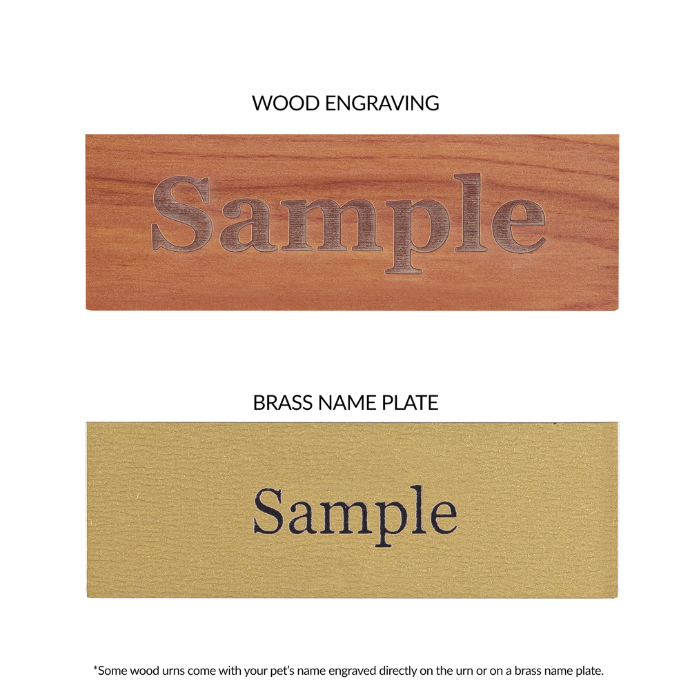Showing wood engraving and brass nameplate options for urns